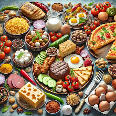 An attractive realistic image of a spread of variety of PAKISTANI, LEBANESE, IRANIAN and TURKISH dishes based on Animal Protein include the eggs and cheese