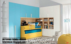 kids bedroom furniture, yellow bed, aqua white cupboard