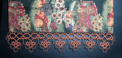 Kamryn Edging, tatted edging on table runner with fall material on wandasknottythoughts