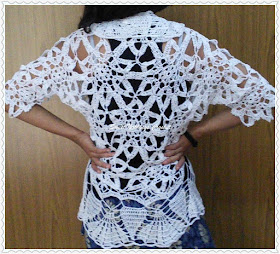 Sweet Nothings crochet free crochet pattern blog ; modelled photo of the Ice Crystal bolero (back view) ; this blog has video tutorials for all stitches used in this project ,