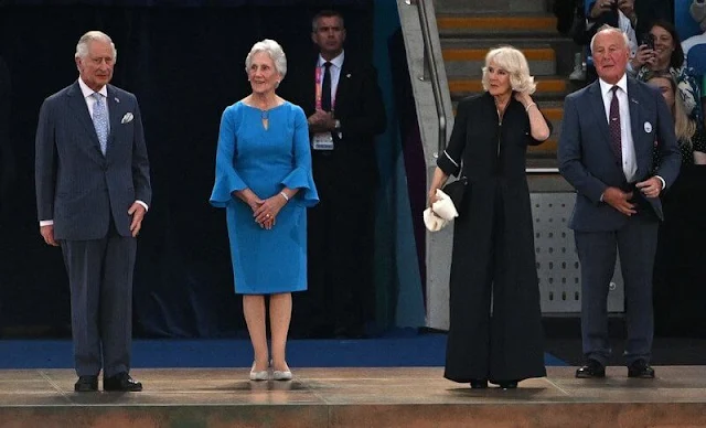 The Countess of Wessex wore a silk satin midi dress by Galvan London. Duchess of Cornwall, Kate Middleton and Prince Charles