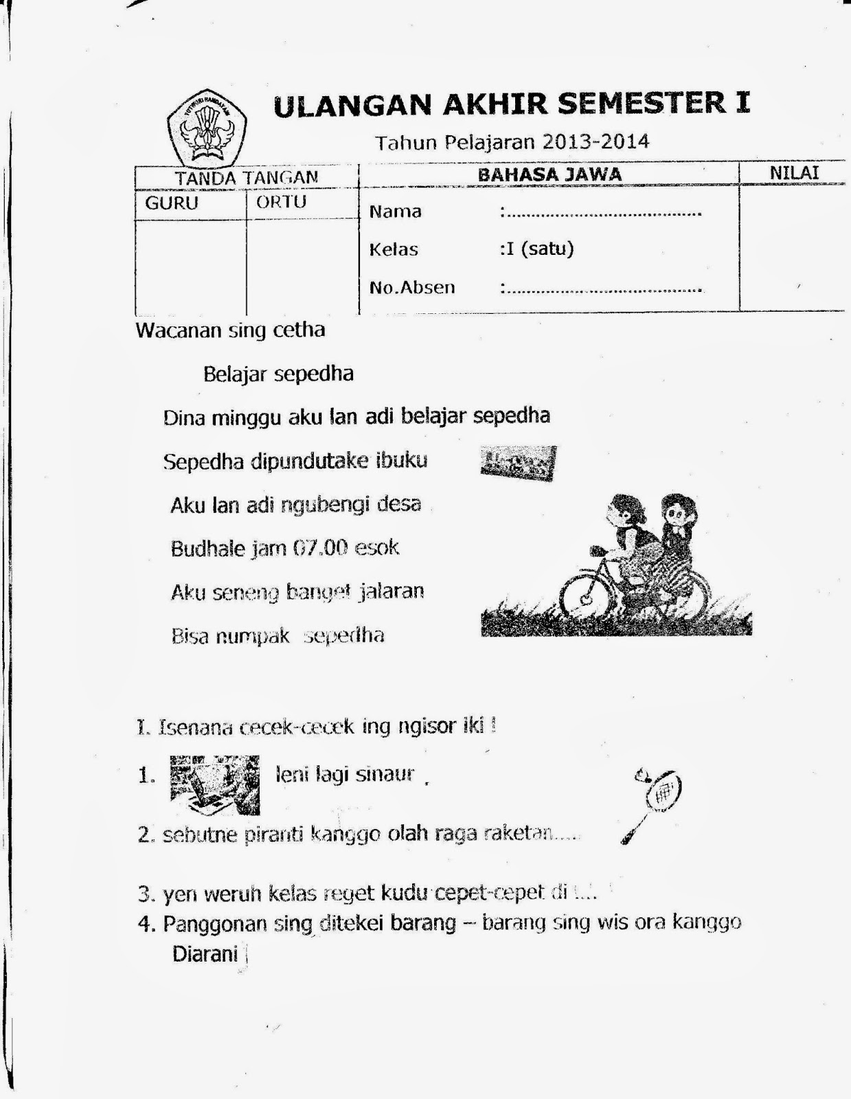 UAS Semester I Kelas 1 SD Bahasa Jawa