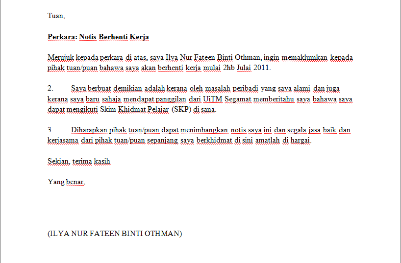 Contoh Surat Berhenti Kerja Notis 1 Bulan Contoh Surat