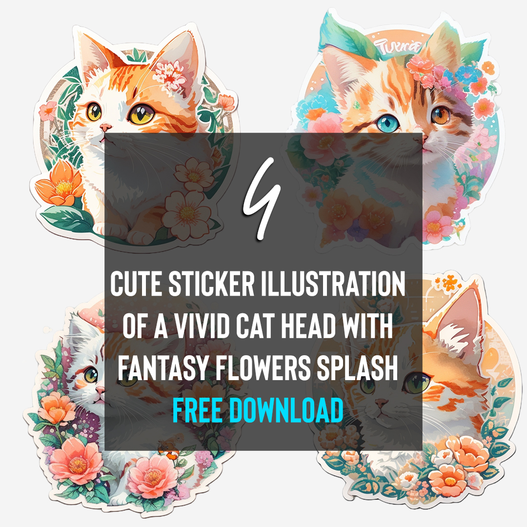 Cute-Sticker-illustration-of-a-vivid-cat-head-with-fantasy-flowers-splash-free-download