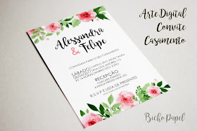 arte convite casamento floral rosa vintage