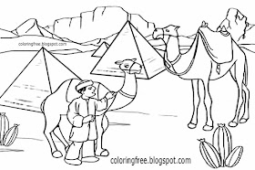 Cute Egypt desert animal Pyramids graceful caravan transport Egyptian camel colouring pages for kids
