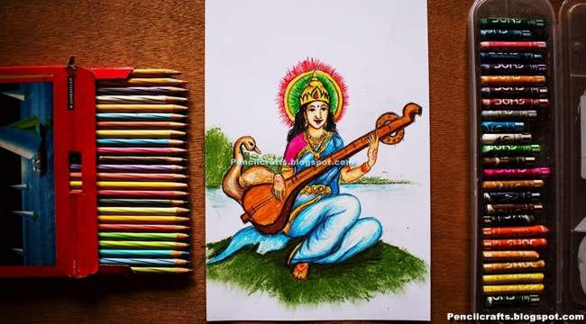 New Saraswati Devi Colored Pencil Drawings