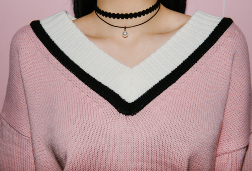  Striped Wide V-Neck Knit Sweater