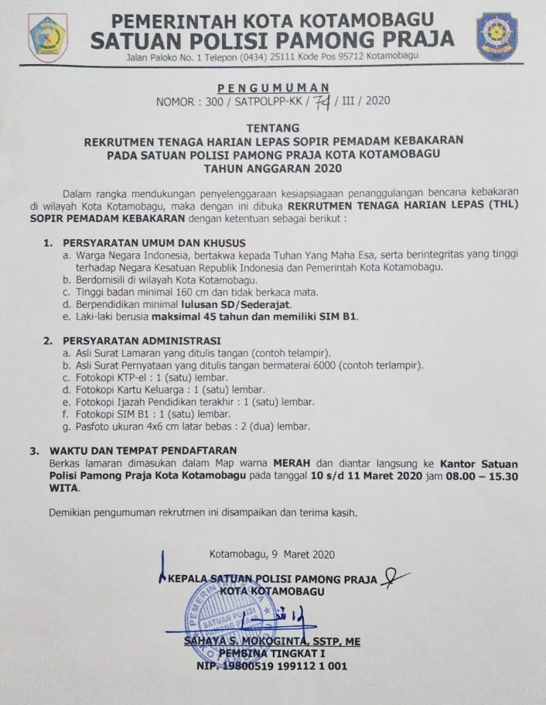 Rekrutmen Tenaga Harian Lepas Satpol-PP dan Damkar Kotamobagu Minimal SD Bulan Maret 2020