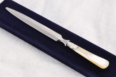   CARVED MOTHER OF PEARL & STERLING SILVER LETTER OPENER SHEFFIELD 1918