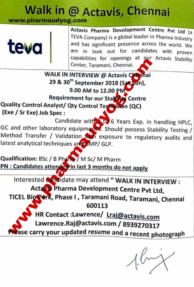 Teva | Actavis | Walk-In for QC | 29th & 30th September 2018 | Chennai