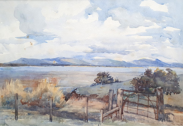 Watercolour of a stile and a rusty gate, with a sandy track towards Tain beach, by the artist Anna Winnifred Stuart Burnett.