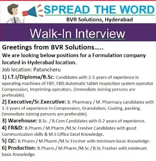 Formulation Company Recruitment ITI, Diploma, B.Sc, M.Sc, B.Pharm, M.Pharm Candidates In Hyderabad Location