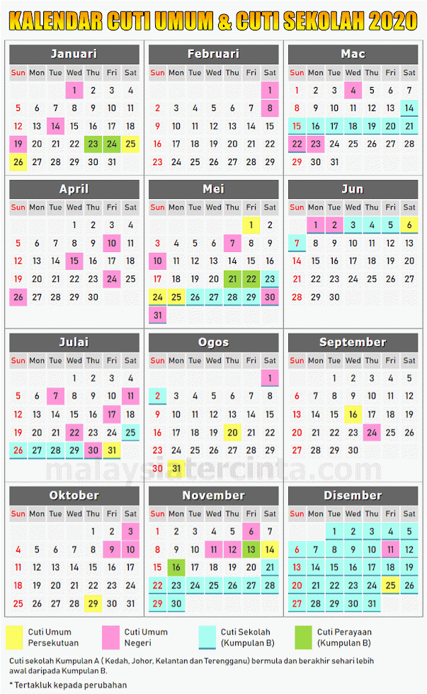 Kalendar Cuti Umum Dan Cuti Sekolah 2020 