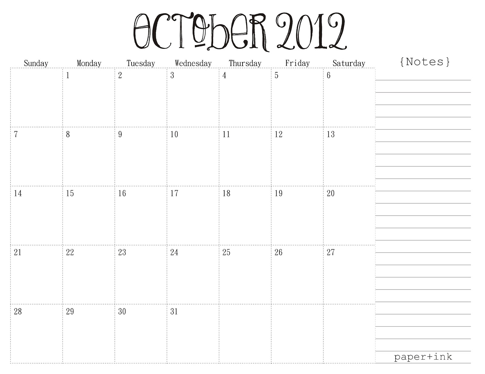 Free Printable Calendars October 2012