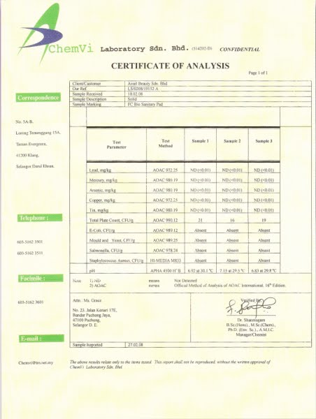 Lieya Produk Penjagaan Kesihatan Sijil Analisa Produk