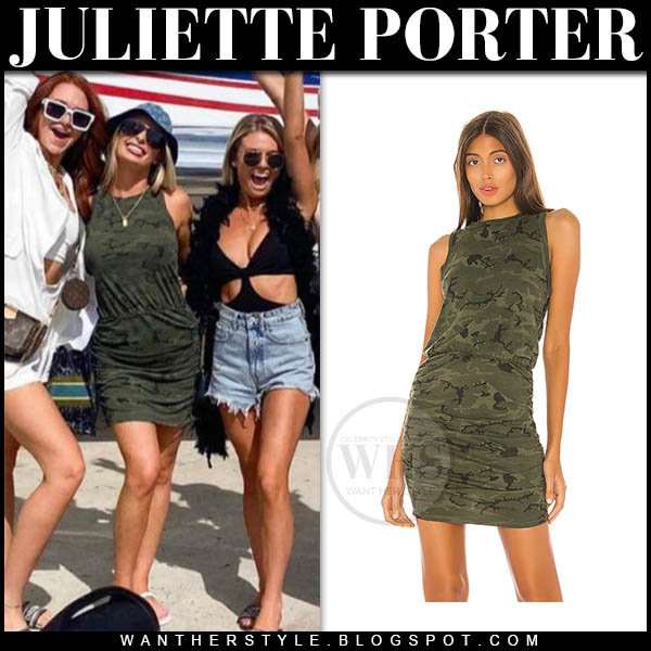 Juliette Porter in army green camo mini dress