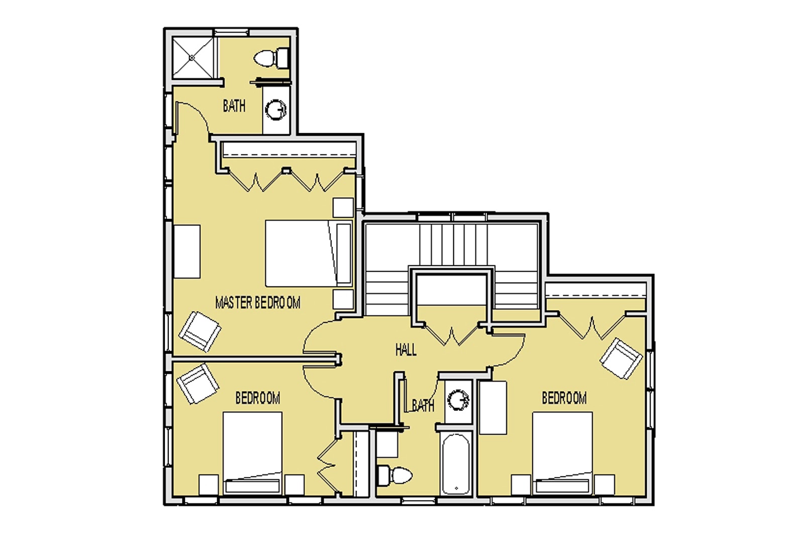 Upper Level Floor Plan - Three bedrooms with two baths.