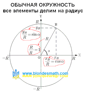 Обычная окружность делим на радиус. Что такое тригонометрический круг? Преобразования окружности. Деление элементов окружности на радиус. Математика для блондинок.