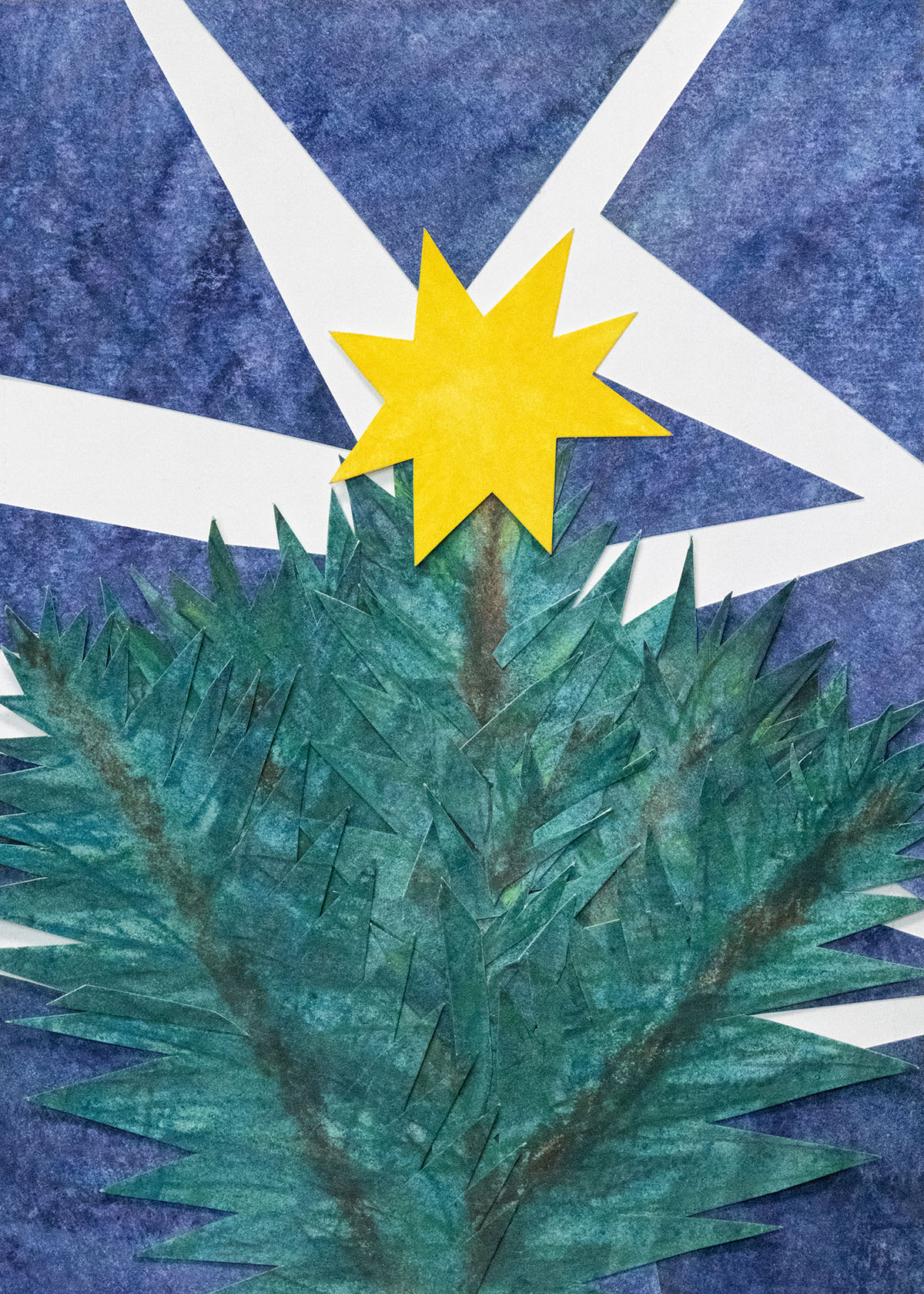 Christmas Tree with Star on Top / water-soluble sticks, paper cut-outs, acrylic on paper