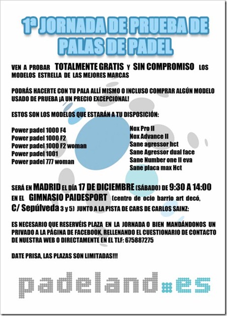 1ª Jornada: Prueba de palas de pádel de la tienda padeland.es en Madrid, 17 diciembre.