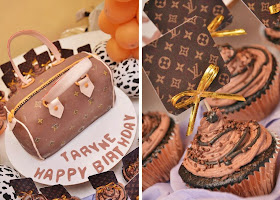 louis vuitton themed cake and cupcakes