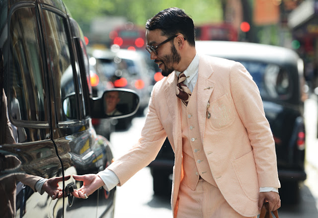 street style london collections men menswear peach suit