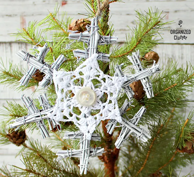 Twig Snowflake Christmas Tree Ornament Makeover #Upcycle #treeornaments #snowflakes #twigornaments