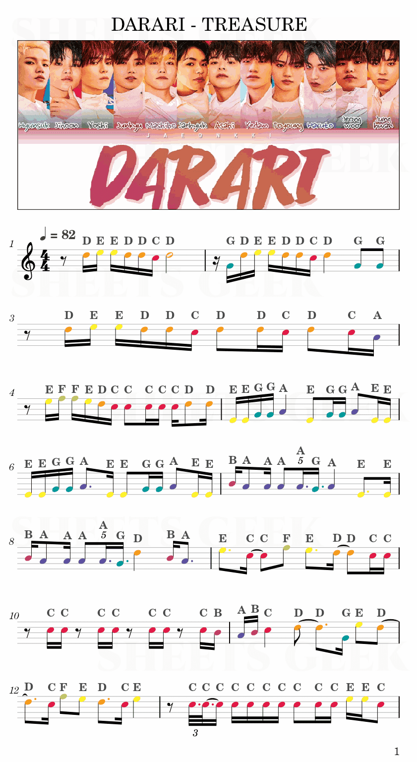 DARARI - TREASURE Easy Sheet Music Free for piano, keyboard, flute, violin, sax, cello page 1