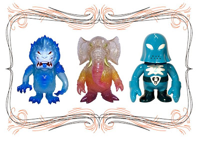 Super7 San Diego Comic-Con 2010 Exclusive Clear Blue Mongolion by L'amour Supreme, Clear with Gold Glitter Stomp & Blue-Green Hood Zombie by Brian Flynn