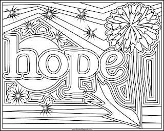 Coloring page- Hope on a rainbow background with dandelion and dandelion fluff