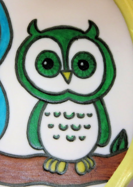 Owls & Ladybugs Teacher Appreciation Cake - Close Up of Green Owl