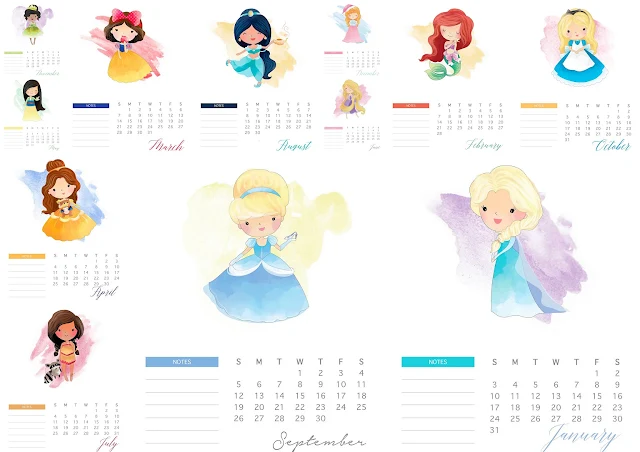 Princesas Disney: Calendario 2021 para Imprimir Gratis.