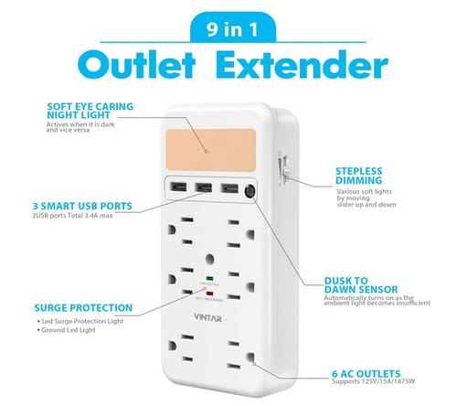 VINTAR Multi Plug Outlet Extender with Dusk to Dawn Night Light