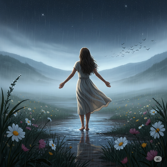 Woman stands barefoot in rainy valley under midnight fog.