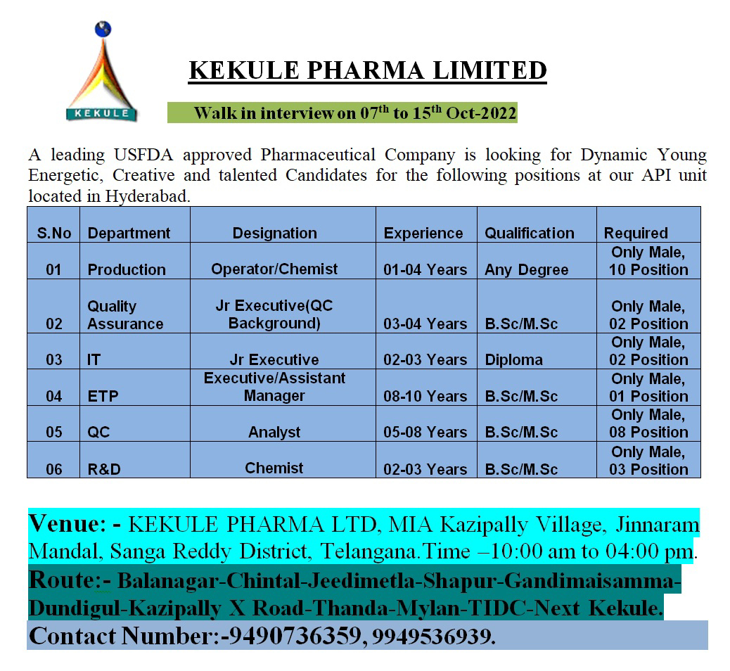 Job Available's for Kekule Pharma Ltd Walk-In Interview for R&D/ IT/ QA/ QC/ ETP/ Production