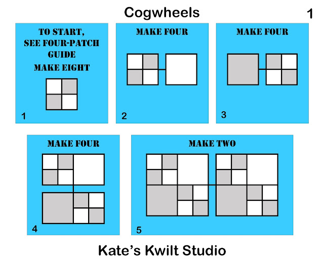 Squares and connecting lines showing how to assemble the Cogwheels quilt block. Page 1 of 2.