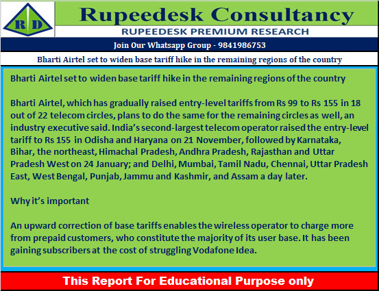 Bharti Airtel set to widen base tariff hike in the remaining regions of the country - Rupeedesk Reports - 31.01.2023