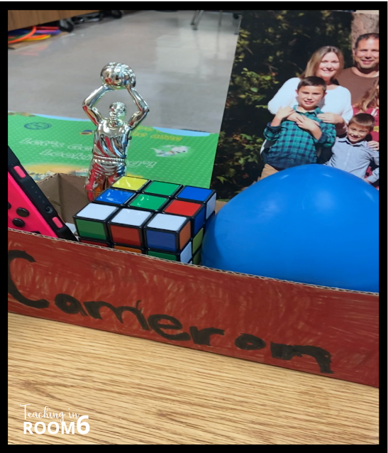 A "Me Box" filled with items the student felt represented him.  These boxes were put on display for the classmates to get to know them.