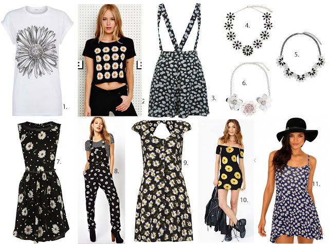 New Look t-shirt, Urban outfitters cropped tee, Miss Selfridge dungaree shorts,oasis tea dress, Motel dungarees, Topshop daisy dress, nastygal off shoulder dress, daisy print, daisy trend, daisy dress,daisies