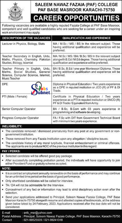 Latest PAF College Jobs Advertisement 2023