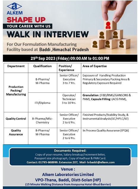 Alkem Laboratories Walk In Interview For Production Packing/ Manufacturing/ Quality Control/ Quality Assurance