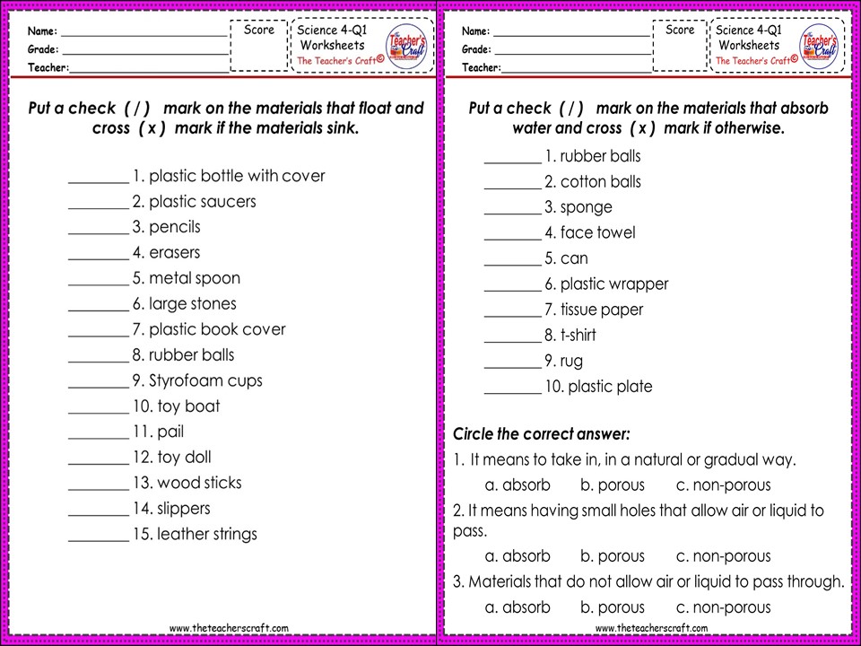 science 4 first quarter worksheets the teacher s craft