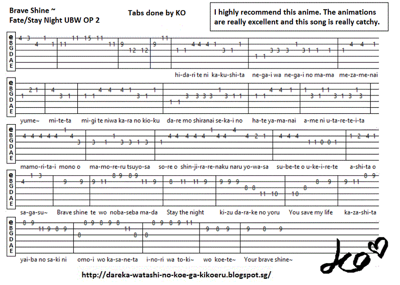 Anime Guitar Tabs Tabs For Brave Shine Fate Stay Night Ubw Op 2