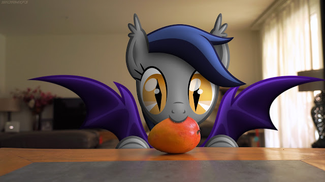 Echo the batpony superimposed in the real world where she is reaching over a table, wings raised, and taking a bite of a real life mango. Her grey coat, dark blue mane and tail make her stand out in comparison to other bat ponies.