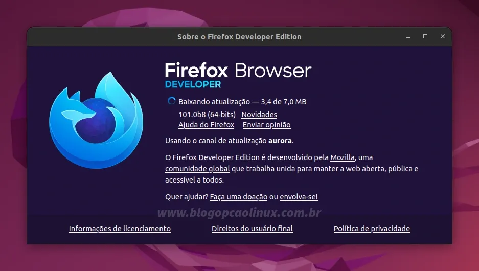 Janela com informações sobre a versão do Firefox instalado