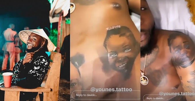 Davido flaunts the new tattoo of his children’s faces on his body (video)
