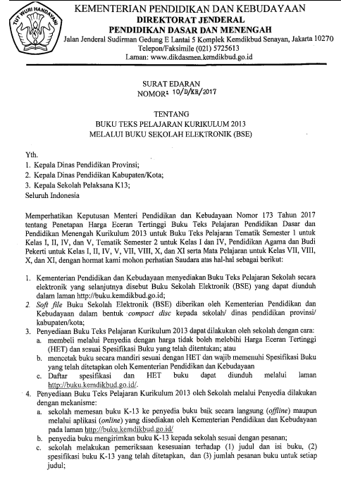 SURAT EDARAN DIRJEN DIKDASMEN NOMOR : 10/D/KR/2017 TENTANG TATA CARA PENGADAAAN BUKU KURIKULUM 2013 TAHUN PELAJARAN 2017/2018 OLEH SEKOLAH