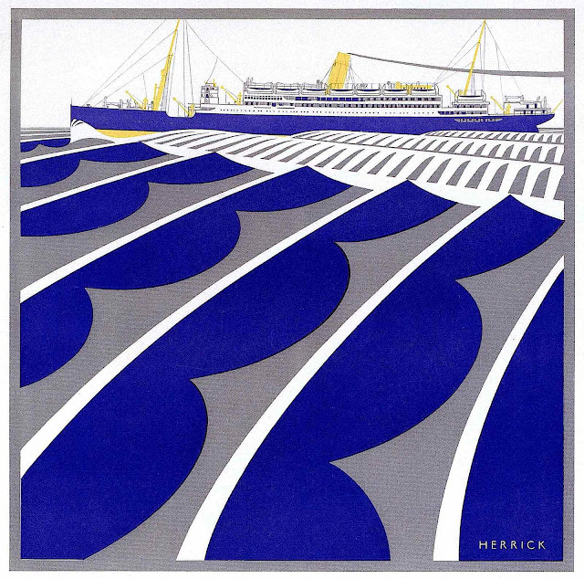 a Frederick Herrick illustration 1921, a cruise ship with stylized blue waves