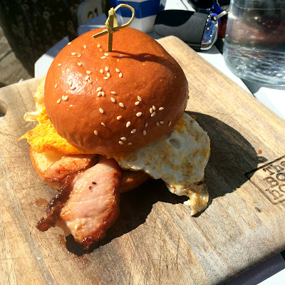 The Boathouse Balmoral Beach | Bacon & Egg roll with BBQ sauce, tomato relish and tomato chill jam